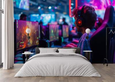 E Sports in Match,  pro gamer team with male, wearing headphones, playing esports game on computer, global online streaming  Wall mural