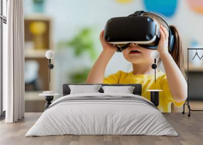 Immersive Exploration: A Child’s Fascination with Virtual Reality in a Bright and Minimalist Room Filled with Curiosity and Excitement Wall mural