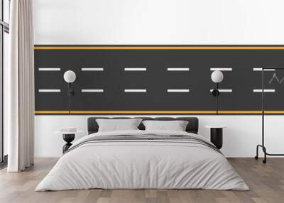 Asphalt road with yellow and white lines. Straight line for highway and street in city. Roadway for car. Path with four lanes. Black track for traffic of transport. Vector Wall mural