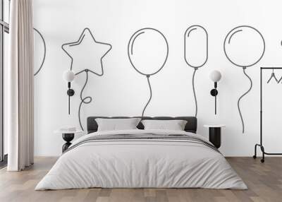 Balloon outline icons. Balloon with string in line cartoon style. Different shapes of ballons for birthday, party and wedding. Black contour of baloon silhouettes in doodle minimal style. Vector Wall mural