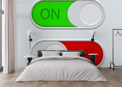 Button off switch and enable. Icon of toggle in phone. Circle switcher for active, deactivate in app, mobile, interface, website. User symbol for navigation in ui. Green-on, red-off indicator. Vector Wall mural