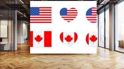 Canada and USA flags. North america. Canadian and american friendship. icon of maple for Canada. Icon of stars for USA. Flags in circles and hearts. Symbols for national independence. Vector Wall mural