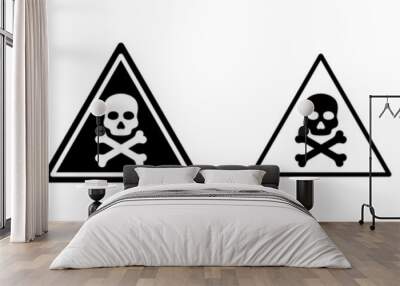 Danger sign with skull. Warning icon of poison, toxic, chemical and electricity. Danger triangle - symbol of death. Outline sign of caution, risk and hazard. Vector Wall mural