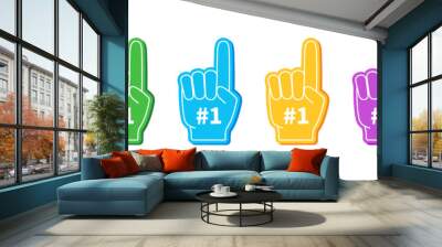 Foam fingers. 1 number on foam fingers. Hand glove with one number on finger. Icon for fan, sport, cheer, best and team. Support symbol. Isolated logo. Vector Wall mural