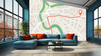 Map city with gps and geo route. Navigation for delivery. Path on street with location. App with map, road, town, park and river. Cartography of urban with tracking plan. Pin for journey. Vector Wall mural