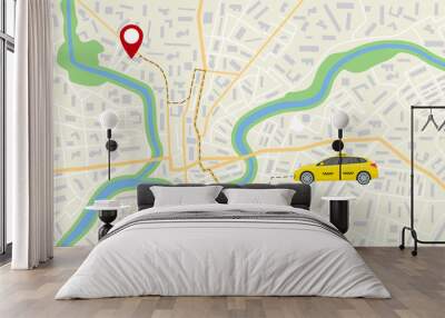 Map of taxi car. App navigator, gps on street of city. Direction, destination of taxi vehicle on road. App for travel, delivery, business. Orientation, location in town. Pathway on address. Vector Wall mural