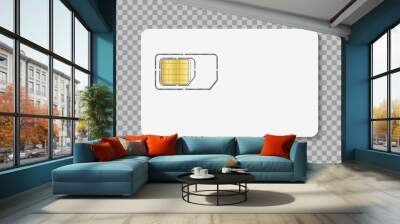 Sim card. Icon of simcard for mobile phone. Nano, micro sim with chip of identity. White mockup isolated on transparent background. Icon for cellphone. Microchip for wireless connection. Vector Wall mural