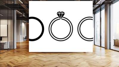 Wedding rings. Marriage ring icons with diamonds. Wedding symbols. Jewel for bride, groom and engagement. Black outline circles. Isolated vector illustration Wall mural