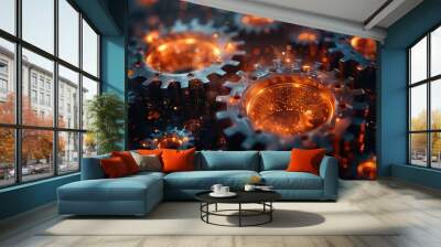 A conceptual artwork of interconnected gears turning, representing the machinery of cooperation driving growth. photo Wall mural