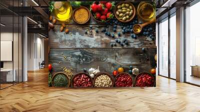 a flat lay of vegetables fruit beans cereals kitchen utensils dried flowers olive oil and kitchen utensils over a white painted wooden background with copyspace on the front.image illustration Wall mural