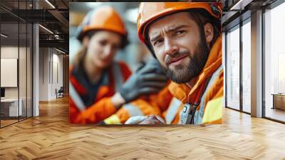 colleague calling ambulance, giving first aid to injured worker in pain after accident at construction site concept of occupational safety, health in workplace Wall mural