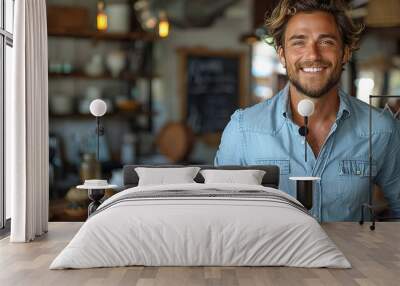 confidence and business concept portrait of charming successful young entrepreneur in blue collar shirt smiling broadly .stock illustration Wall mural