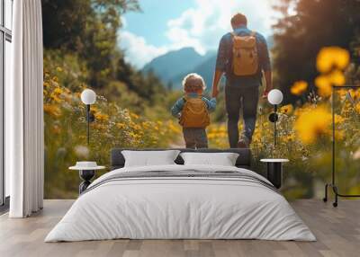 father with small son on trek outdoors in summer nature falling, scratched knee concept Wall mural