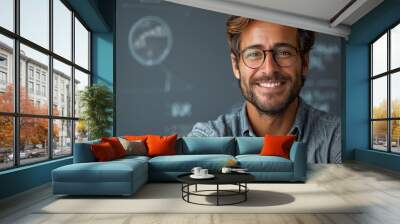 portrait of young handsome smiling business guy wearing gray shirt and glasses feeling confident with crossed arms isolated on white background .stock illustration Wall mural