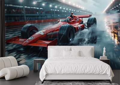 red racing car wheel moving at high speed on a wet race track concept of motorsport competition.stock photo Wall mural