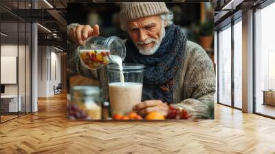 senior father, mature son making fruit smoothie as snack having fun in kitchen handsome man pouring milk into blender with fruits Wall mural