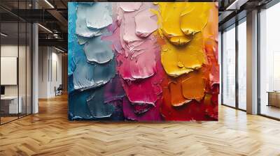 the painting has multicolored textured background abstract art background in oil on canvas the brushstrokes are rough close up of a painting by palette knife in oil.stock image Wall mural