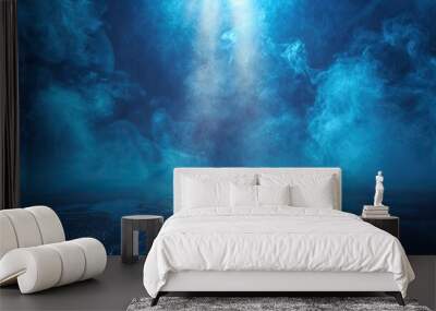 there are rays spotlights and an empty dark scene lit with blue light there is a smokey asphalt street with a blue color.illustration Wall mural