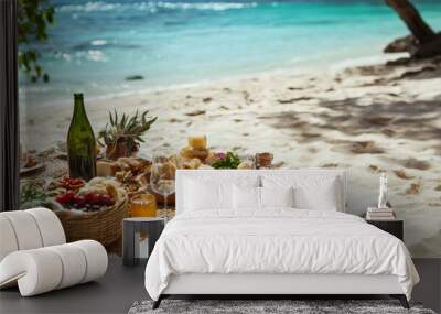 A beautiful picnic scene on a white sand beach with a blue ocean in the background. There is a table set with food, drinks, and linens. Wall mural