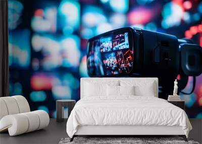 A black camera with a blurry background of neon lights. Wall mural