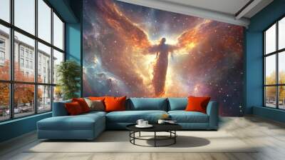 A fiery angel with wings of light appears in a glowing nebula, surrounded by bright stars and galaxies. Wall mural