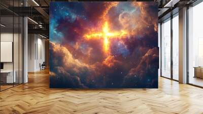 A fiery cross shines brightly against a backdrop of dark clouds and a sparkling night sky. Wall mural