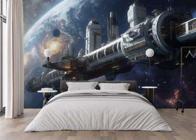 A futuristic spaceship floats in space, with two planets and a nebula in the background. Wall mural