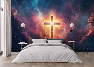 A glowing cross shines brightly in a colorful nebula. Wall mural