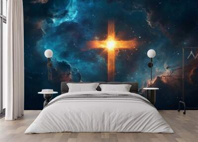 A glowing cross shines brightly in a dark nebula, surrounded by stars and cosmic dust. Wall mural