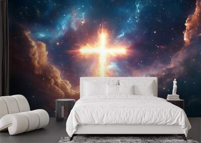 A glowing cross shines brightly in a field of stars and nebulae. Wall mural