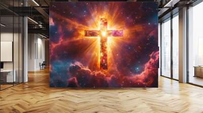 A glowing cross shines brightly in a starry sky with nebula clouds. Wall mural