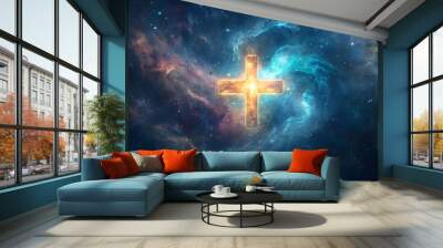 A glowing golden cross symbol against a backdrop of swirling nebulae and stars in the night sky. Wall mural