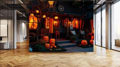 A house decorated for Halloween with lit pumpkins, lanterns, and spooky decorations on the porch. Wall mural