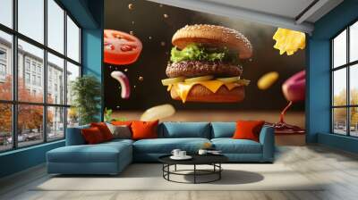 A juicy cheeseburger with lettuce, tomato, onion and pickles floats in the air with ketchup, spices, and other ingredients falling around it. Wall mural