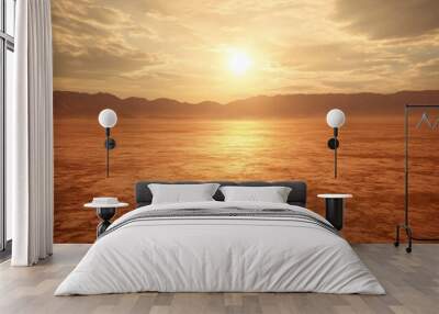 A panoramic view of a desert landscape with mountains in the background, bathed in warm sunlight. Wall mural