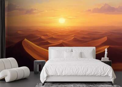 A panoramic view of the desert dunes at sunset. The sun is setting in the distance, casting long shadows across the landscape. Wall mural