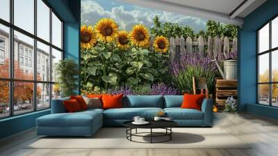 A picturesque garden scene with sunflowers, lavender, and gardening tools. Wall mural