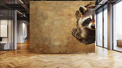 A raccoon peeks through a hole in a wall. Wall mural