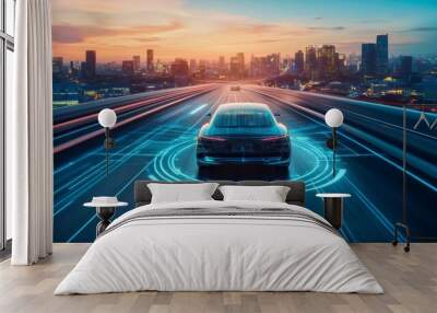 A self-driving car navigates a city highway at night, showcasing futuristic technology with glowing blue lines. Wall mural