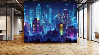 A vibrant cityscape with illuminated skyscrapers against a starry night sky. Wall mural