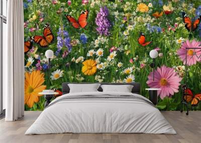 A vibrant summer meadow bursting with wildflowers and fluttering monarch butterflies. Wall mural