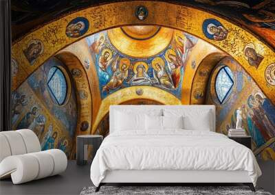 A view of the inside of a church with a beautiful mosaic ceiling and stained glass windows. Wall mural