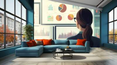 A woman in a suit analyzes a wall of data screens. Wall mural