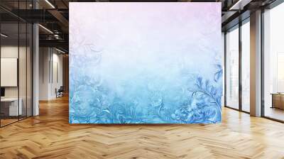 Abstract blue and pink floral pattern with delicate, etched flowers and leaves on a faded background. Wall mural