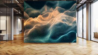 Abstract digital landscape with glowing lines and dots, blue and orange, futuristic, technology, connection, network. Wall mural