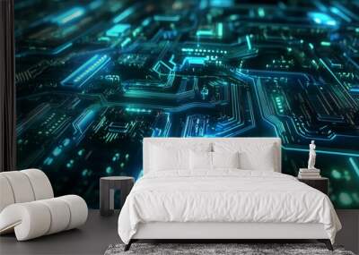 Abstract glowing circuit board with teal and blue lights. Wall mural