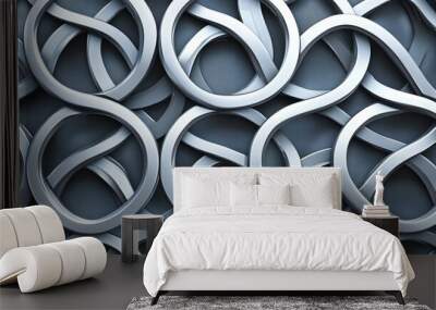 Abstract silver metallic curve pattern on a dark background. Wall mural