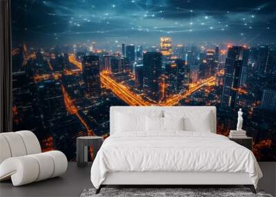 Aerial view of a city at night with glowing lines representing digital connection. Wall mural