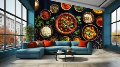 An assortment of spices and dishes on a patterned background with gold accents. Wall mural