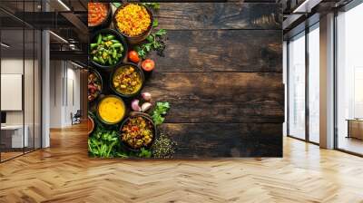 Assortment of various dips, sauces, and garnishes on rustic wooden background. Wall mural